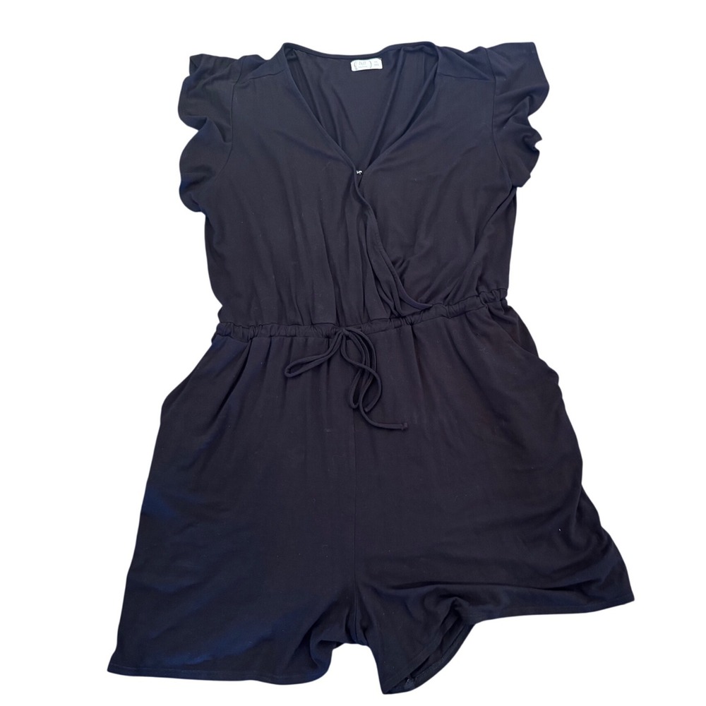Maurices 24/7 Black Ruffle Sleeve Wrap Front Drawstring Waist Romper XXL